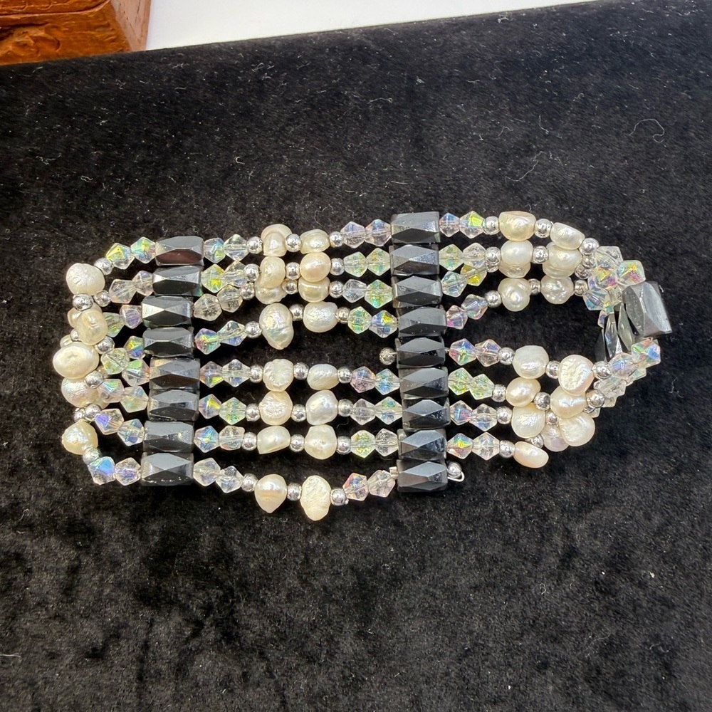 Vintage Convertible Pearl Crystal Hematite Wrap Necklace Bracelet Set 27” 33” - Picture 3 of 7